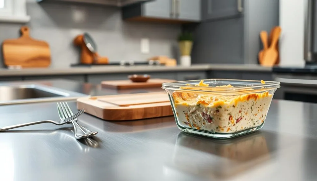 Tidy stainless steel kitchen counter, gently lit from overhead. In the foreground, a glass storage container filled with leftover tuna casserole, its golden-brown crust and creamy interior visible through the clear sides. Beside it, a couple of forks and a small serving spoon, hinting at an imminent meal. The middle ground showcases a wooden cutting board and a few kitchen utensils, while the background features muted gray cabinetry and a hint of a window, providing a sense of calm domesticity. The lighting is soft and natural, accentuating the textures and colors of the food and its container. Tidy stainless steel kitchen counter, gently lit from overhead. In the foreground, a glass storage container filled with leftover tuna casserole, its golden-brown crust and creamy interior visible through the clear sides. Beside it, a couple of forks and a small serving spoon, hinting at an imminent meal. The middle ground showcases a wooden cutting board and a few kitchen utensils, while the background features muted gray cabinetry and a hint of a window, providing a sense of calm domesticity. The lighting is soft and natural, accentuating the textures and colors of the food and its container.