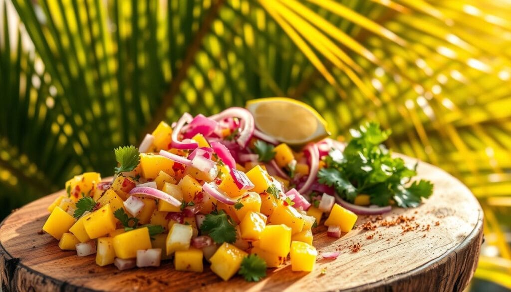 Tropical Mango Salsa for Mahi Tacos: A vibrant, sun-drenched scene featuring a wooden board overflowing with freshly diced mango, red onion, cilantro, lime wedges, and a sprinkle of spices. The salsa is set against a backdrop of lush, verdant palm leaves casting a warm, golden glow. In the foreground, the salsa is artfully arranged, accentuated by the rustic texture of the wooden surface and the vibrant colors of the ingredients. A sense of fresh, coastal cuisine permeates the image, inviting the viewer to imagine the perfect accompaniment to grilled Mahi Mahi tacos. Tropical Mango Salsa for Mahi Tacos: A vibrant, sun-drenched scene featuring a wooden board overflowing with freshly diced mango, red onion, cilantro, lime wedges, and a sprinkle of spices. The salsa is set against a backdrop of lush, verdant palm leaves casting a warm, golden glow. In the foreground, the salsa is artfully arranged, accentuated by the rustic texture of the wooden surface and the vibrant colors of the ingredients. A sense of fresh, coastal cuisine permeates the image, inviting the viewer to imagine the perfect accompaniment to grilled Mahi Mahi tacos.