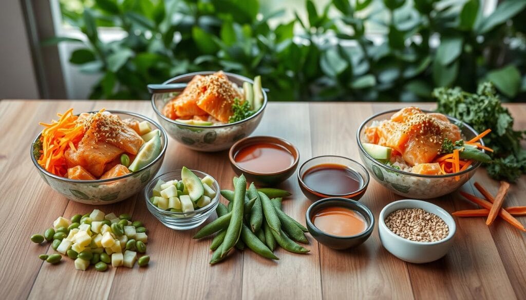 Vibrant and appetizing salmon poke bowls arranged artfully on a wooden table. Foreground showcases various mix-ins like diced avocado, shredded carrot, sliced cucumber, and crunchy edamame. Middle ground features carefully curated sauces and seasonings in small bowls, including teriyaki, spicy mayo, and toasted sesame seeds. Background depicts a minimalist, natural setting with a backdrop of lush greenery to create a fresh, wholesome vibe. Soft, even lighting illuminates the scene, highlighting the vivid colors and textures of the ingredients. A high-angle perspective captures the harmony of the customizable poke bowl components, enticing the viewer to build their own delectable creation. Vibrant and appetizing salmon poke bowls arranged artfully on a wooden table. Foreground showcases various mix-ins like diced avocado, shredded carrot, sliced cucumber, and crunchy edamame. Middle ground features carefully curated sauces and seasonings in small bowls, including teriyaki, spicy mayo, and toasted sesame seeds. Background depicts a minimalist, natural setting with a backdrop of lush greenery to create a fresh, wholesome vibe. Soft, even lighting illuminates the scene, highlighting the vivid colors and textures of the ingredients. A high-angle perspective captures the harmony of the customizable poke bowl components, enticing the viewer to build their own delectable creation.